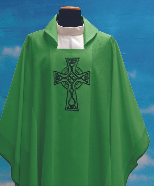 #348 Celtic Cross Chasuble | Square Collar | Mixed Wool | Green & White
