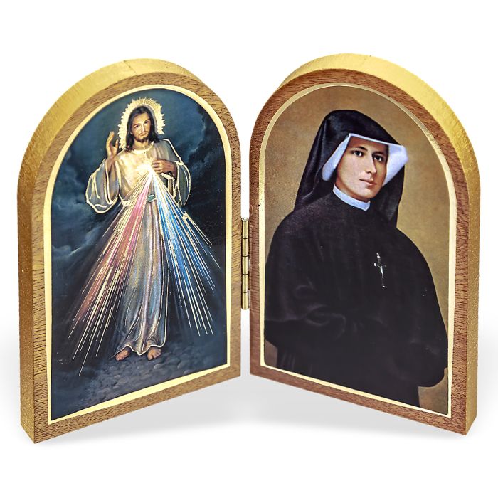 Divine Mercy and Faustina Standing Natural Wood Diptych