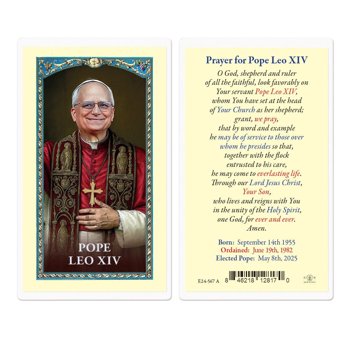 Pope Leo XIV Laminated Holy Card