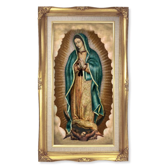 Gold Leaf Wood Frame, Linen Border with Our Lady of Guadalupe Print