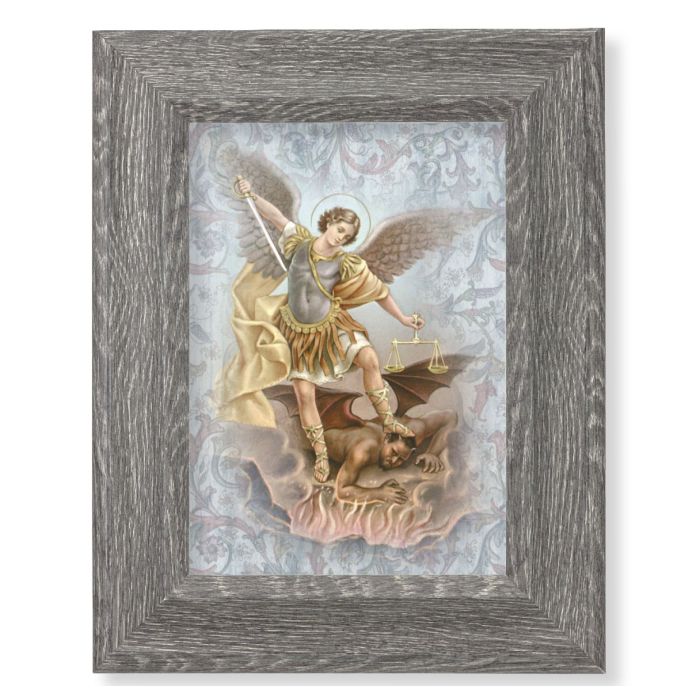 Grey Weathered Frame with St. Michael Artwork on Wood Plaque