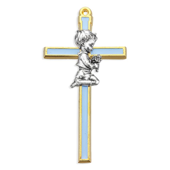Gold Tone Epoxied Cross with Praying Figure