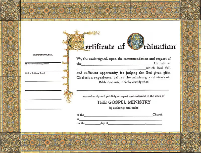 Certificate of Ordination for Minister