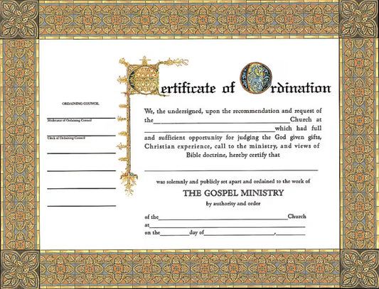 Certificate of Ordination for Minister