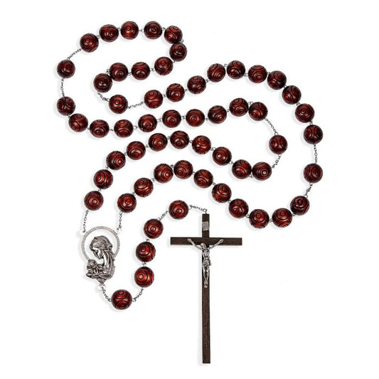 Brown Carved Wood Bead Wall Rosary