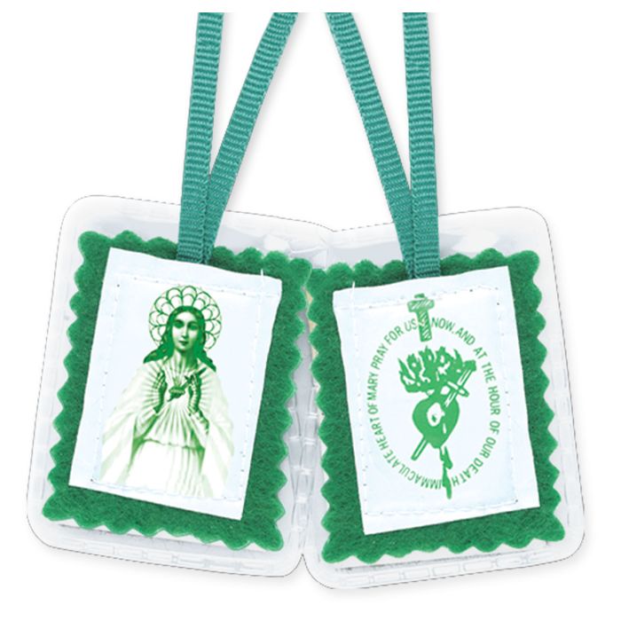 Immaculate Heart of Mary Green Scapular Sealed in Soft Plastic Case