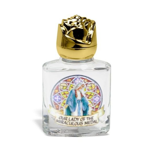 Glass Miraculous Medal Holy Water Bottle with Gold Rose Cap