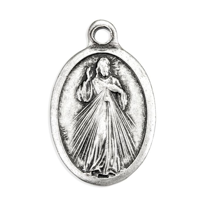 Oval Antiqued Silver Oxidized Divine Mercy, Jesus I Trust in You Medal