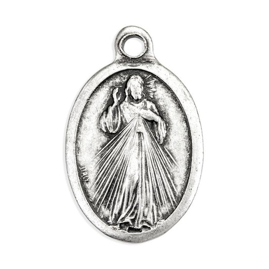 Oval Antiqued Silver Oxidized Divine Mercy, Jesus I Trust in You Medal