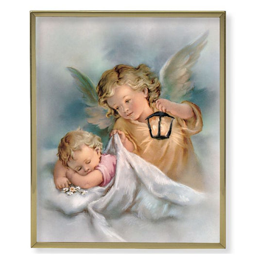 Gold Plaque Frame with a Guardian Angel with a Lantern Print