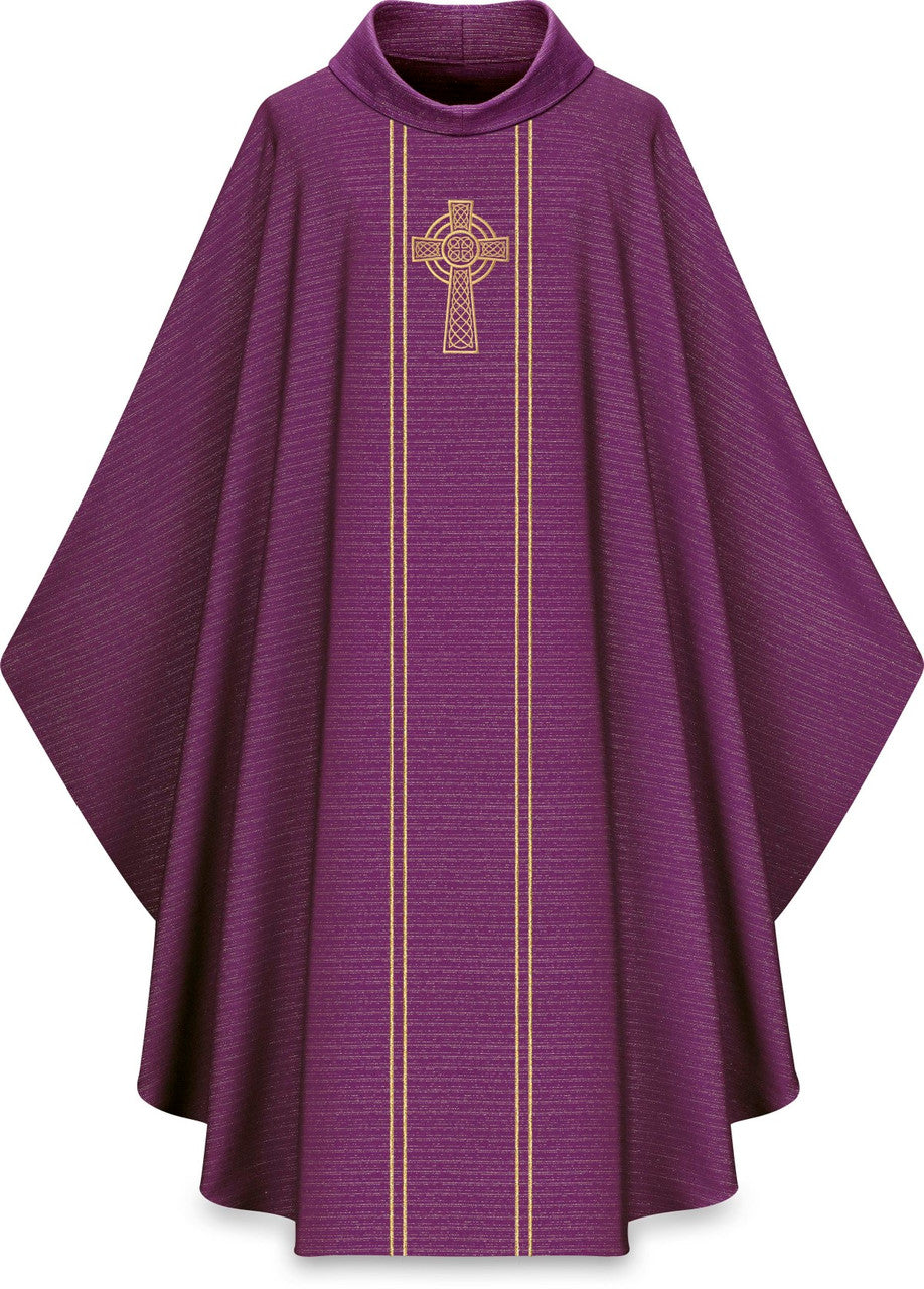 #5195 Embroidered Celtic Cross Chasuble | Roll Collar | Wool/Lurex | All Colors