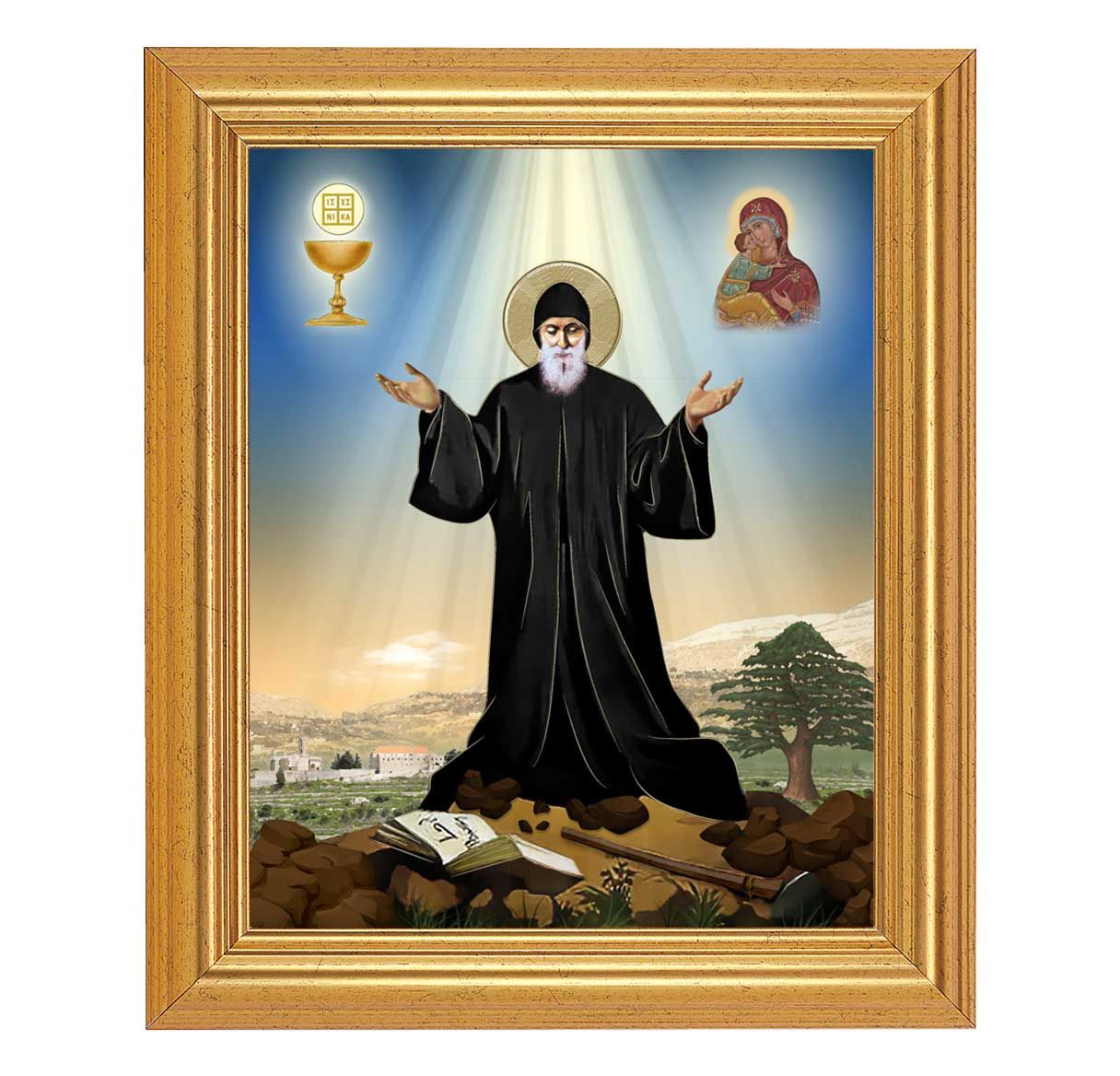 Saint Charbel Beveled Gold-Leaf Framed Art | 10" x 12"