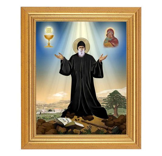 Saint Charbel Beveled Gold-Leaf Framed Art | 10" x 12"