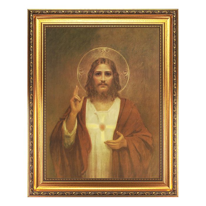 Antique Gold Leaf Beveled Frame with Bead Inlay and Sacred Heart