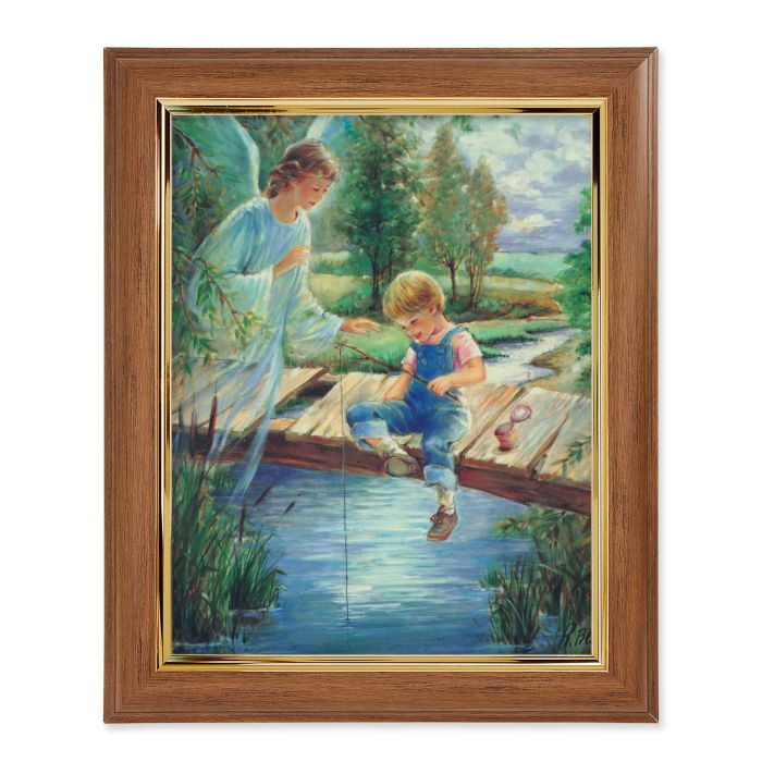 Walnut Frame with Gold Inside Lip and Blanc: Guardian Angel with Boy Print