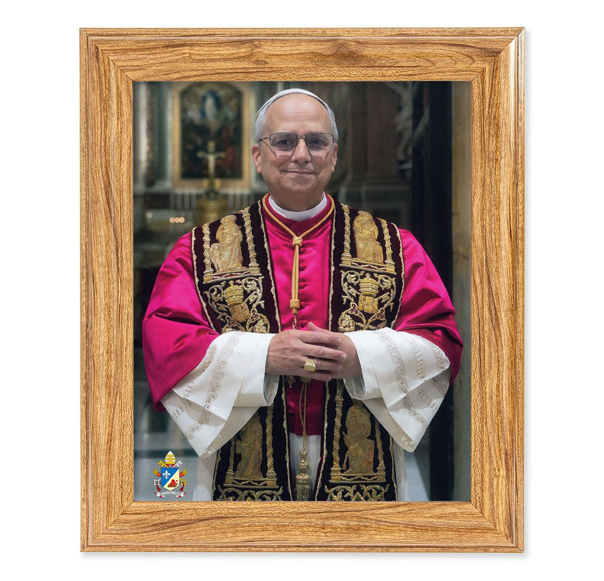 Pope Leo XIV Light Walnut Framed Art | 10" x 12"