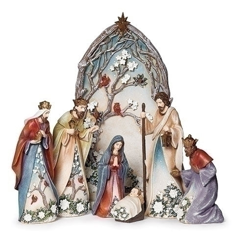 10" Holly & White Poinsettia Nativity Set with Backdrop