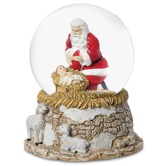 Kneeling Santa with Sheep Snow Globe