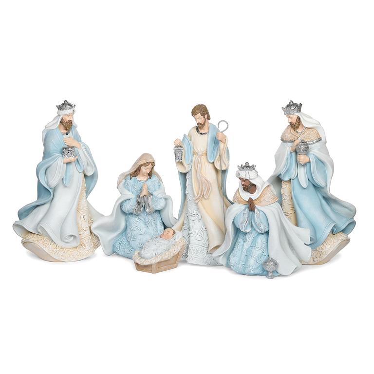 138161 - 10"h 6pc set Nativity w/leaf Pattern Blue