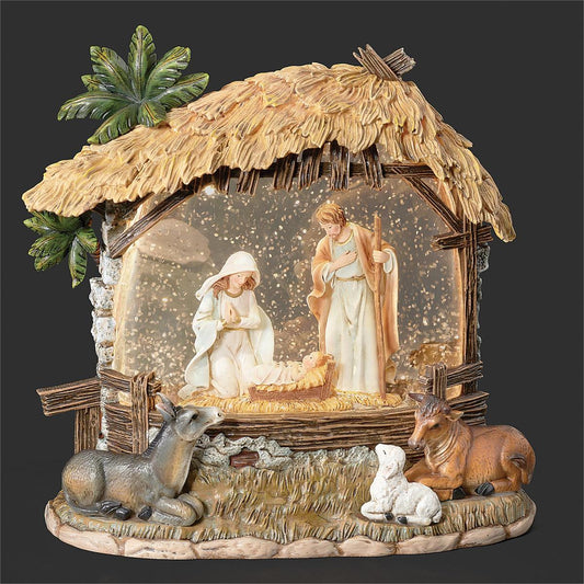 Lighted Swirl Holy Family with Animals and Stable
