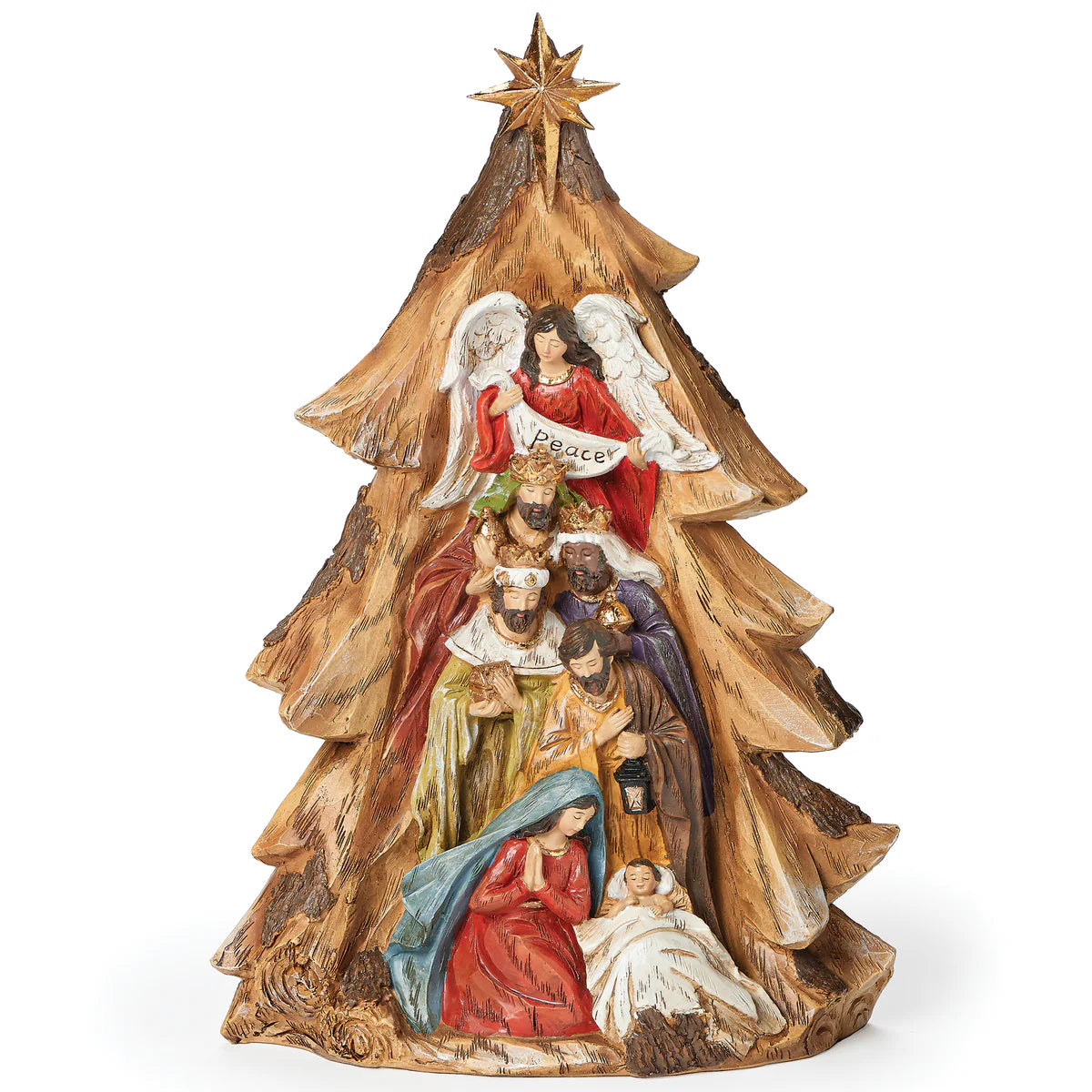 13.5" Nativity Scene in Carved Tree with Star Topper