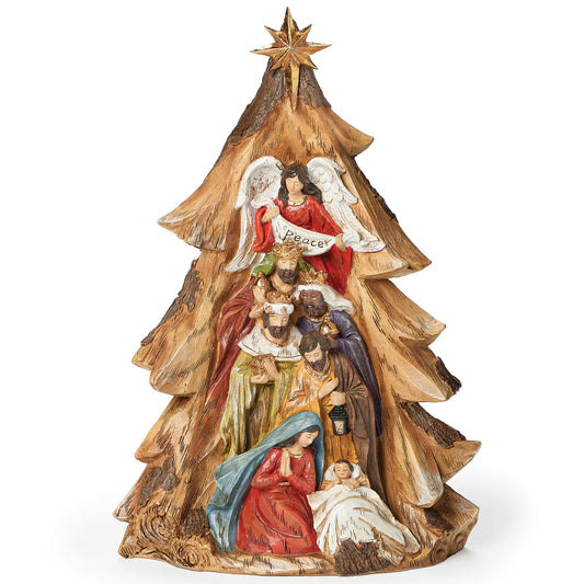13.5" Nativity Scene in Carved Tree with Star Topper
