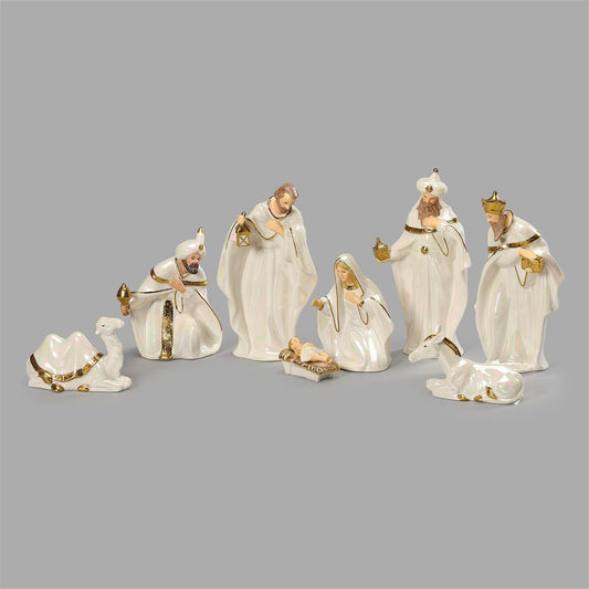 8 Piece White and Gold Gloss Nativity