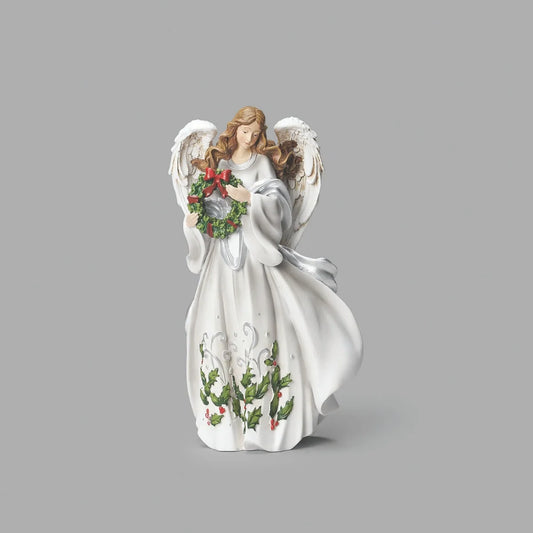 10"H Angel & Wreath Figure Holly Berry Silver Curl