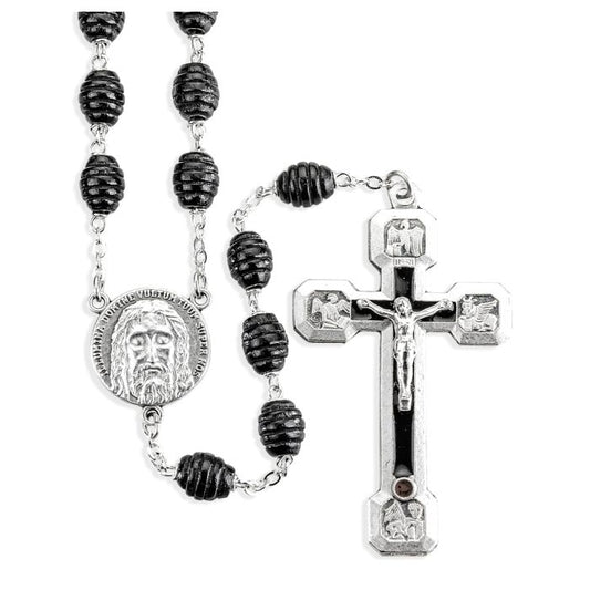 Holy Face Black Wood Oval Bead Rosary