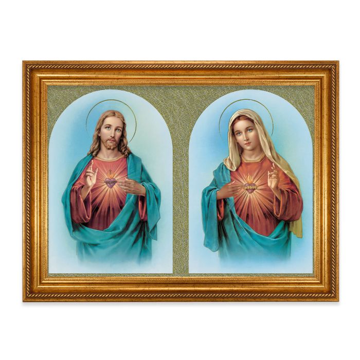 Antique Gold Leaf Beveled Frame with Sacred Hearts
