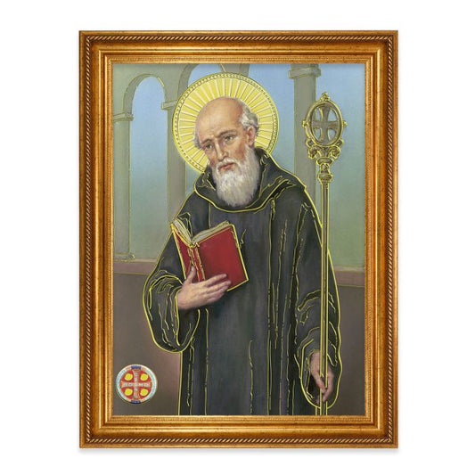 Antique Gold Leaf Beveled Frame with St. Benedict