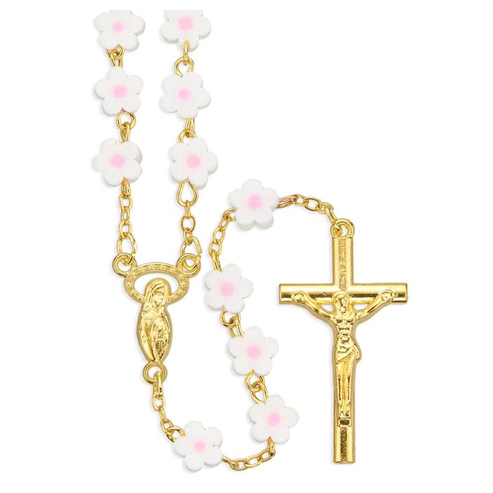 7mm White and Pink Flower Bead Rosary with Gold Plating