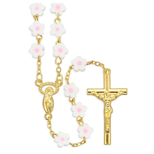 7mm White and Pink Flower Bead Rosary with Gold Plating