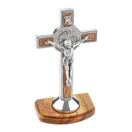 St Benedict Olive Wood Inlay Standing Crucifix