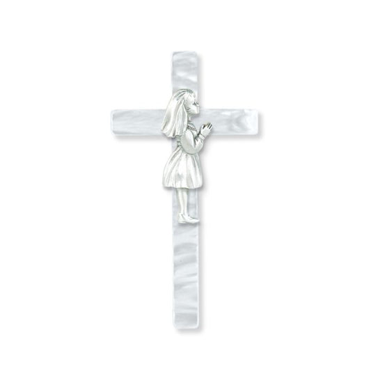 Pearlized Communion Cross with Pewter Girl Figure