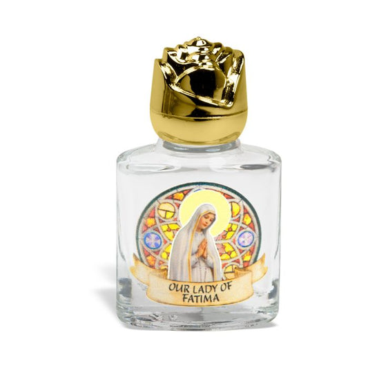 Glass Our Lady of Fatima Holy Water Bottle with Gold Rose Cap
