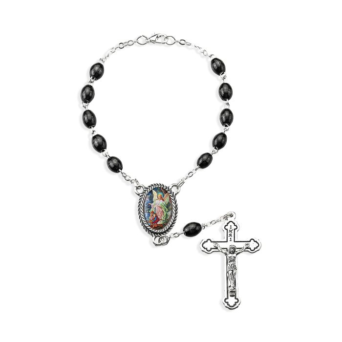 Guardian Angel Black Wood Bead Auto Rosary