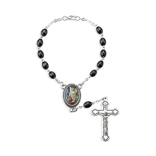 Guardian Angel Black Wood Bead Auto Rosary