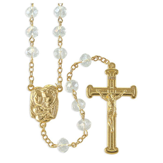#250 Glass Bead Gold Tone Rosary, Boxed