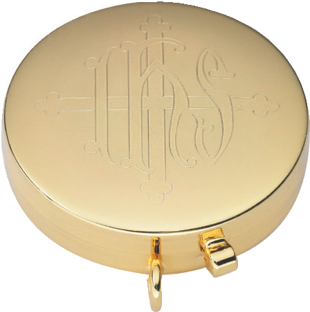 IHS & Cross Engraved Pyx | 24K Gold Plate | High Polish Inside | Holds 7 Hosts