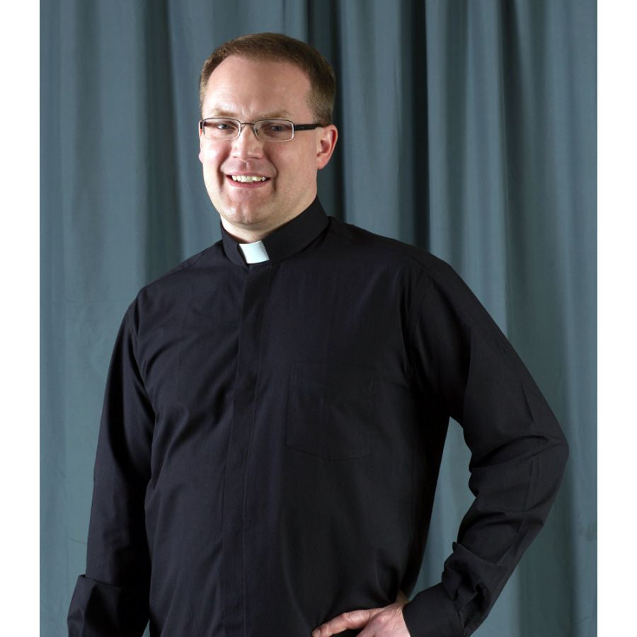 Black Clergy Shirt | Tab Collar | Long Sleeve | Poly/Cotton