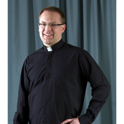 Black Clergy Shirt | Tab Collar | Long Sleeve | Poly/Cotton