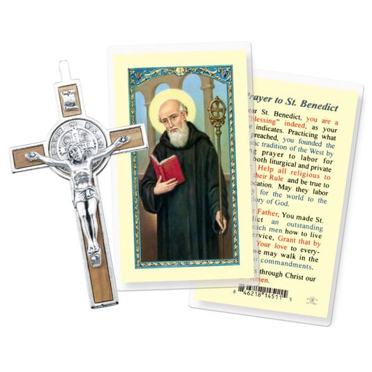 St Benedict Crucifix with Olive Wood Inlay and Prayer Card