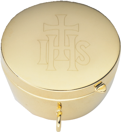 IHS & Cross Engraved Pyx | 24K Gold Plate | High Polish Inside | Holds 16 Hosts