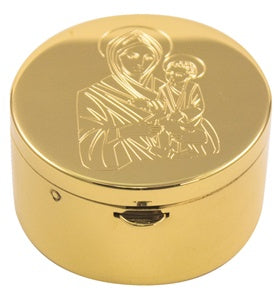 Mary & Child Engraved Pyx | 24K Gold Plate | Satin Inside | Holds 20 Hosts