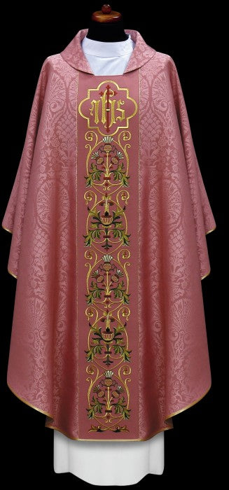 Ornate IHS Embroidered Velvet-Panel Chasuble | 100% Polyester | All Colors | Made in Poland
