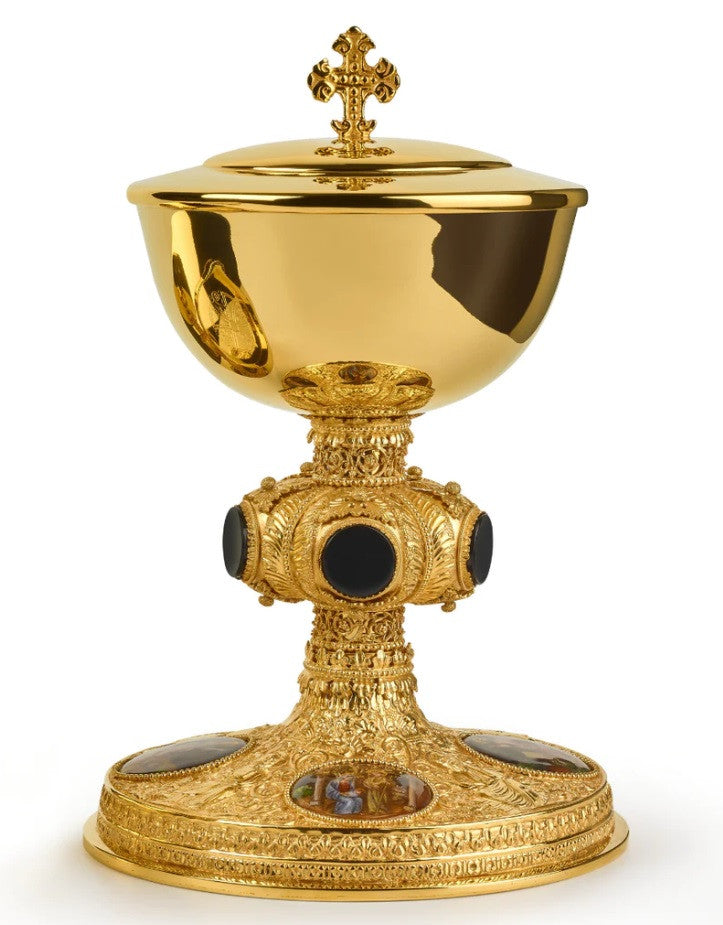 #2316 Onyx Stone & Enamel Medallion Traditional Covered Ciborium | 250 Host Capacity | Multiple Finishes Available