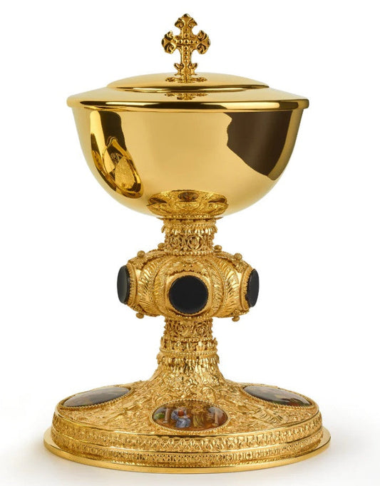 #2316 Onyx Stone & Enamel Medallion Traditional Covered Ciborium | 250 Host Capacity | Multiple Finishes Available
