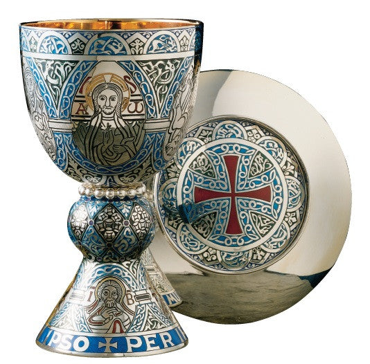 #2332 Fire Enameled "The Tassilo" Chalice & Paten | 8", 20oz. | Solid Sterling Silver