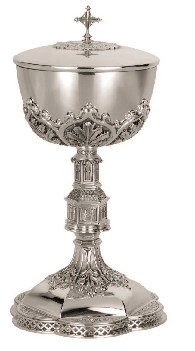 #2381 Gothic Covered Ciborium | 11", 180 Hosts | Brass and Sterling Silver | Silver Plated | 24K Gold Lined